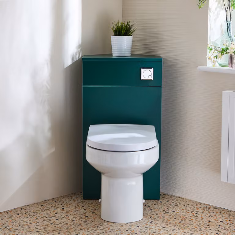 Unità WC Angolare in Verde Scuro con Sanitario a Filo Muro Covelly e Pulsante di Scarico Cromato - Cluo