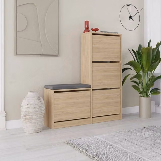 Scarpiera DMORA Velma con seduta integrata, capacità 8 paia, colore Marrone Quercia, L: 105 cm, P: 26 cm, H: 119 cm