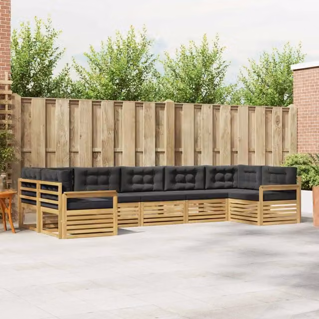 Set di divani da esterno a L vidaXL in legno di acacia con cuscini, Bianco e Antracite – 1