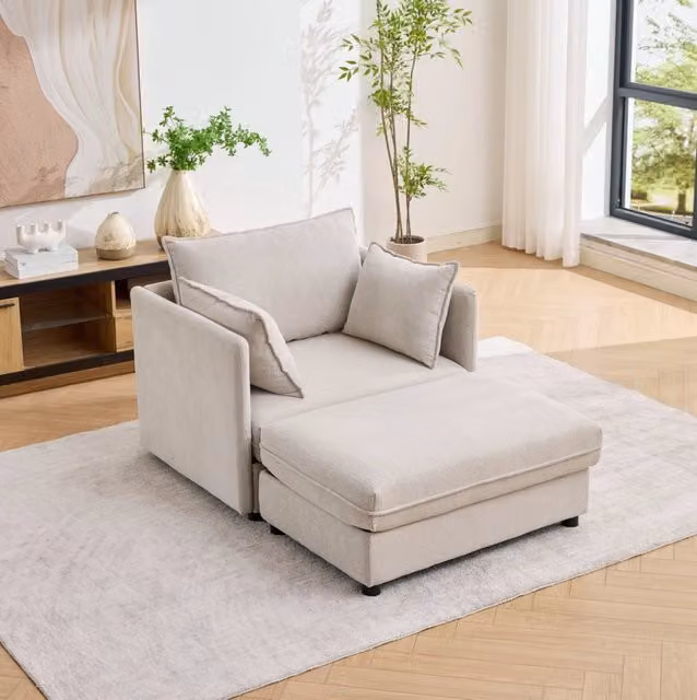 Divano moderno e minimalista in velluto egiziano con pouf contenitore per piccoli spazi