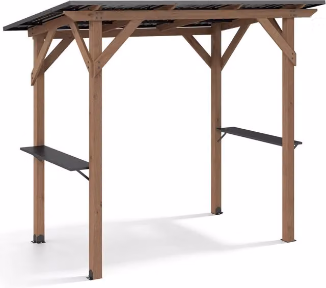 Gazebo da giardino per barbecue in legno di abete con tettoia inclinata in metallo e 2 ripiani laterali portaoggetti, colore marrone e nero