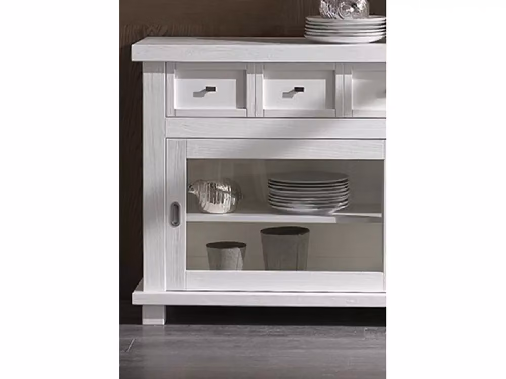 Madia credenza Mobili 2G in legno massello con 2 ante scorrevoli e vetro, bianco opaco, L: 160 cm, P: 45 cm, H: 86 cm – 2