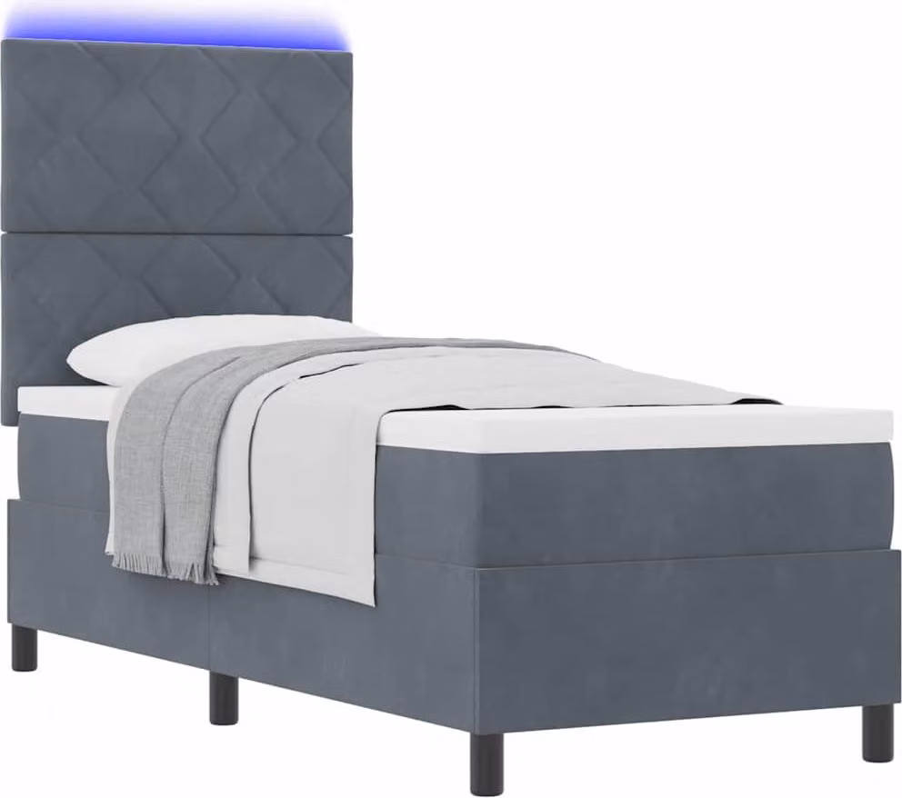 Letto con rete a molle e illuminazione a LED, con testiera, color grigio scuro, dimensioni 80 x 200 cm, rivestito in velluto