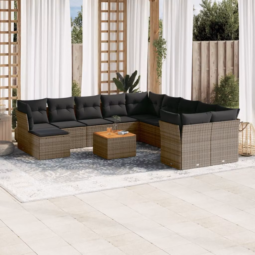 vidaXL Set di Divani da Giardino a L in Polyrattan con Cuscini e Tavolino, 12 Pezzi, Grigio e Marrone – 1