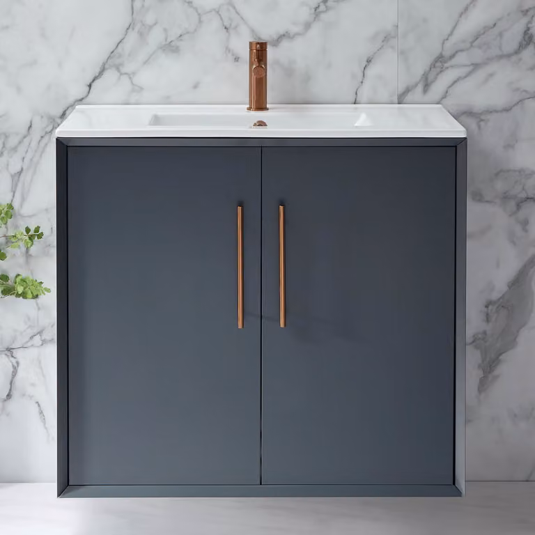 Mobile Bagno Sospeso Antracite 810mm con Lavabo e Maniglie con Barra a T in Rame Satinato - Edge