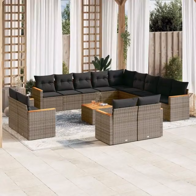 Set di Divani da Giardino VIDAXL a Forma di U in Polyrattan Grigio con Cuscini, 14 Pezzi – 1