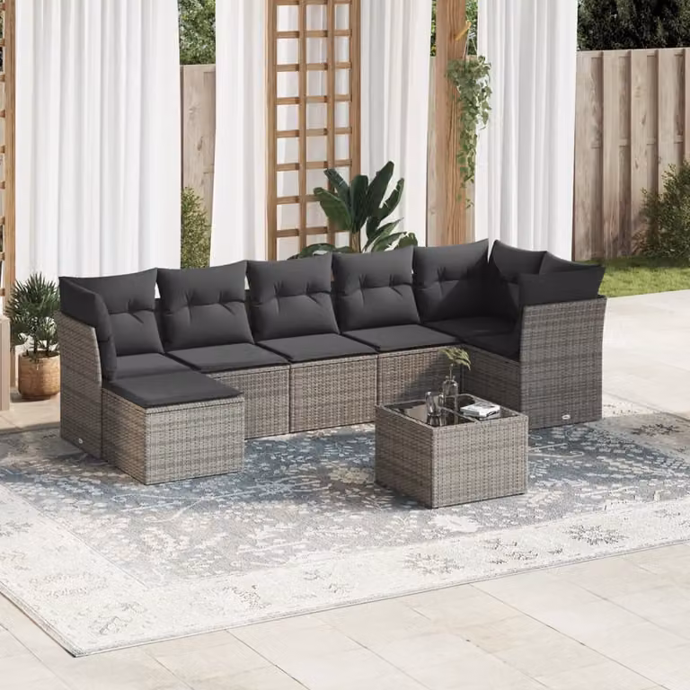 vidaXL Set Divano da Giardino 8 pz a L in Polyrattan Grigio con Cuscini e Tavolino