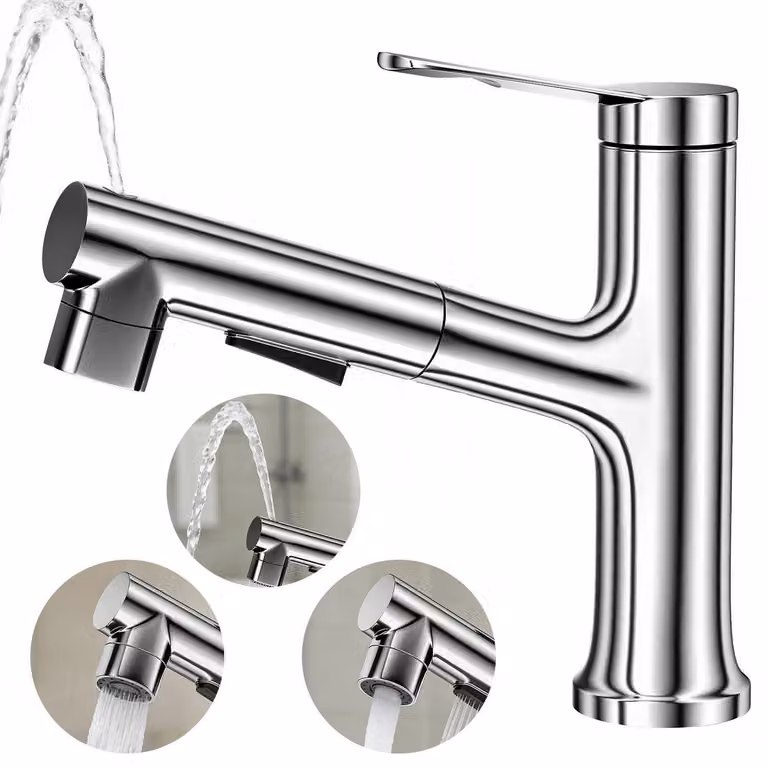 Miscelatore per lavabo estraibile, con 3 tipi di getto, in cromo, realizzato in lega di ottone
