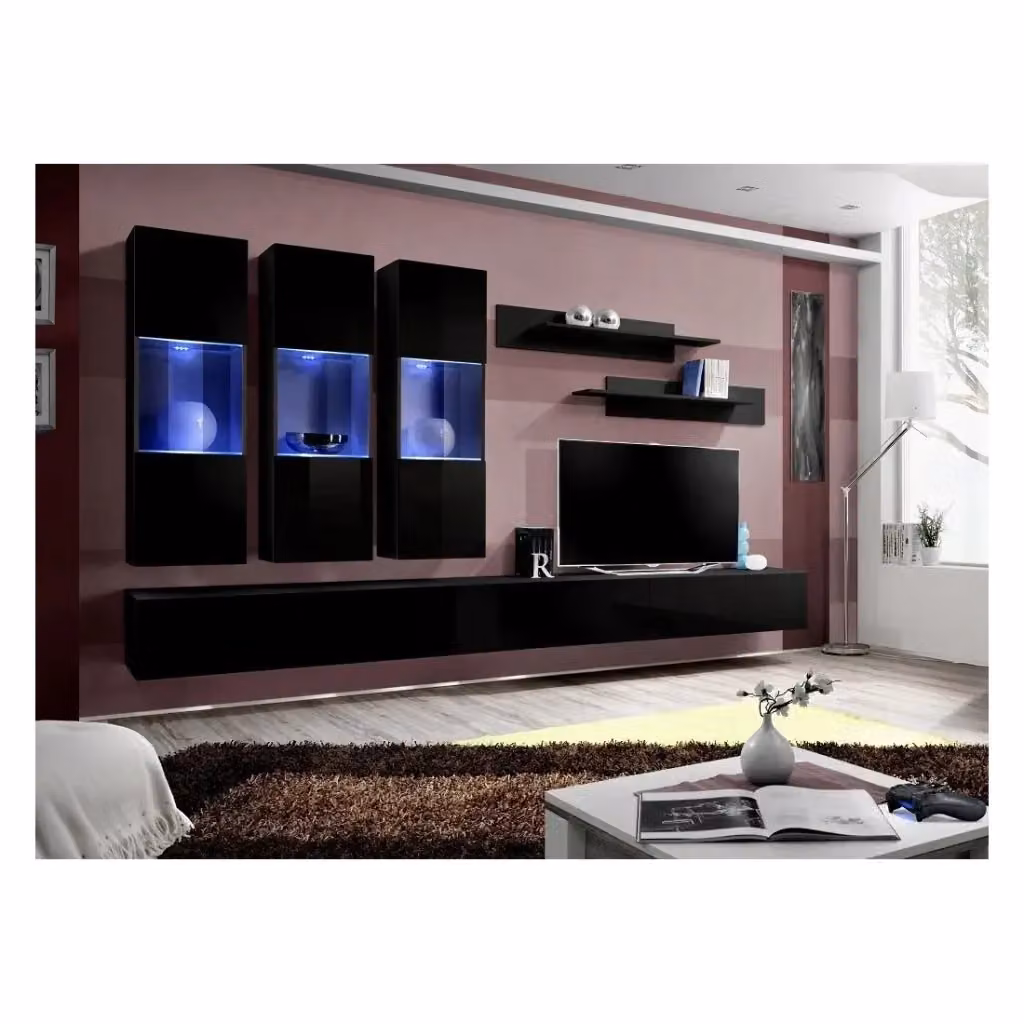 Composizione murale FLY E3 Meublorama per soggiorno con mobile TV sospeso, colonne vetrine con illuminazione LED e mensole - Nero lucido - L: 320 cm, H: 170 cm, P: 40 cm – 2