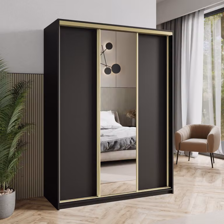 Armadio scorrevole Masseno TAVI 150/205/60 cm Armadio con cassetti Armadio per camera da letto a 3 ante con specchio Nero + Oro