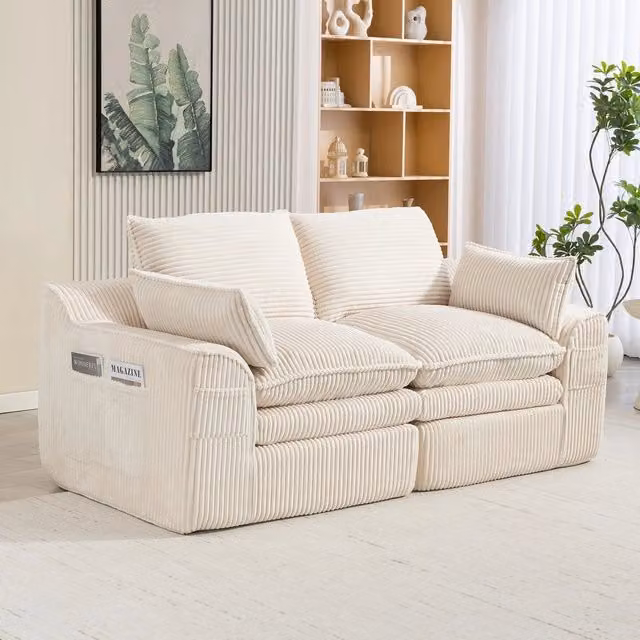 Divano 2 Posti Modulare in Velluto a Coste con Cuscini ¨C Xylo ¨C Beige
