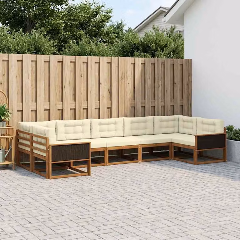 vidaXL Set di divani da esterno a L in legno di acacia con cuscini, Marrone e Beige