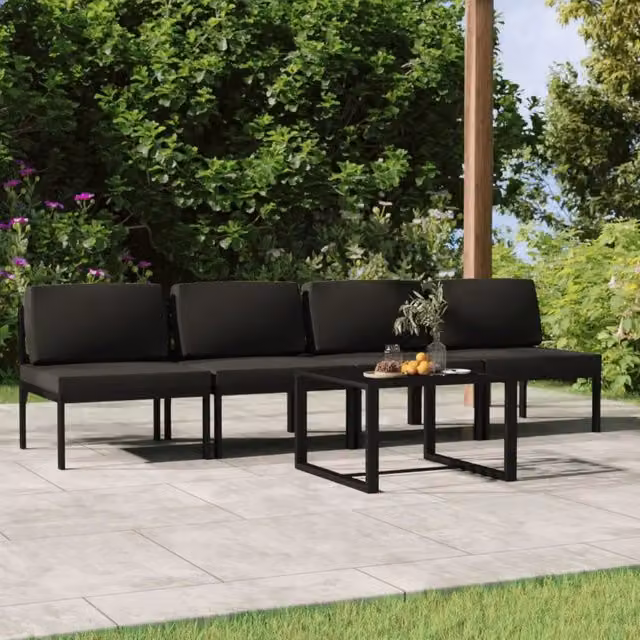 Set da giardino moderno vidaXL composto da 5 pezzi con divano a 3 posti, poltrone e tavolino da caffè in alluminio antracite con cuscini imbottiti – 1