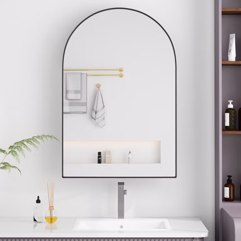MODFU armadietto a specchio con arco, armadietto a specchio per bagno, armadietto a muro con struttura in metallo, specchio e ripiani regolabili, armadietto a muro con spazio di archiviazione, nero
