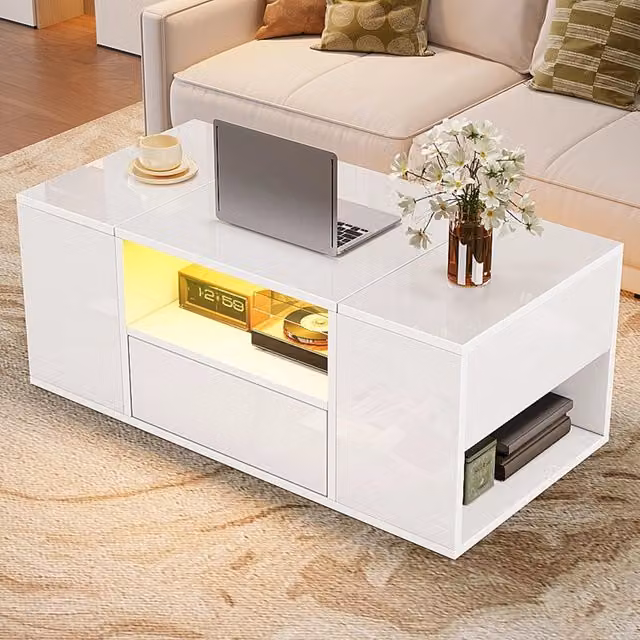 Tavolino da salotto bianco lucido con luci LED cassetto e scomparti 100x50x40 cm