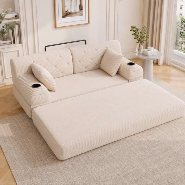 Divano letto 2 posti REDOM in tessuto a coste beige con schienale alto e funzione letto