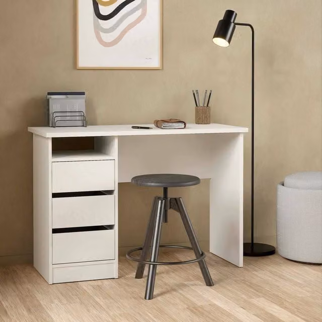 Scrivania moderna DMORA con cassettiera, tavolo da ufficio in MDF laminato bianco, L 125 cm x P 48,5 cm x H 76 cm – 1