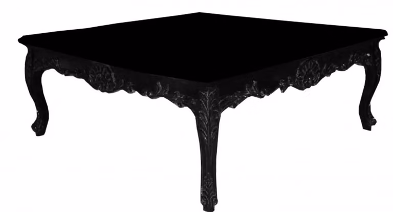Tavolino quadrato in stile barocco della collezione Casa Padrino, colore nero, dimensioni 119 x 119 x 48 cm, replica artigianale in stile antico