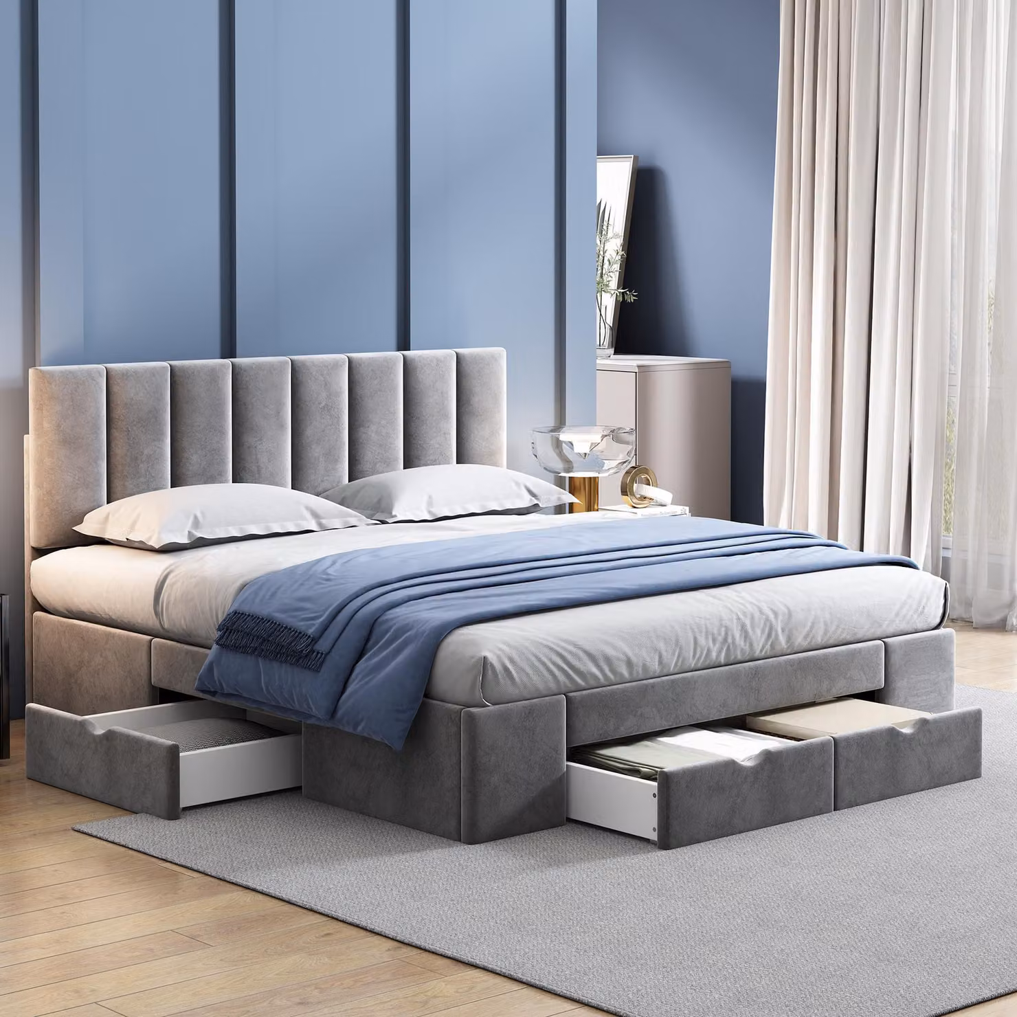 STILVORA Letti imbottiti 160x200 cm Letto matrimoniale con rete a doghe, struttura letto per ragazzi con contenitore e schienale, velluto, grigio (senza materasso)