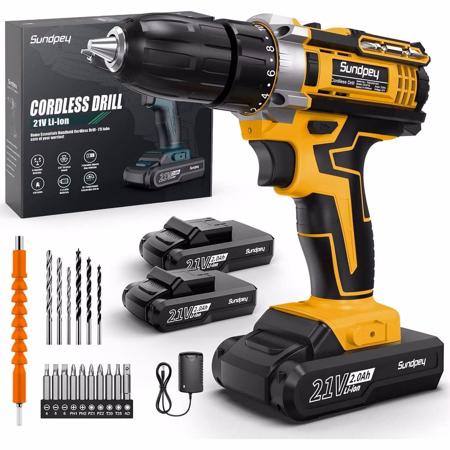 Set di avvitatore a batteria da 21V con 2 batterie da 2.0Ah, coppia di 45 Nm, 2 velocità, 18+1 livelli di coppia, mandrino autoserrante da 10mm, colore giallo