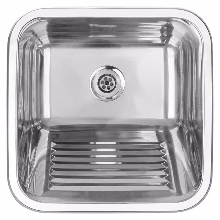 Lavello in acciaio, per locali di servizio, con sifone, 500x550x220 mm, lavello a parete con ganci