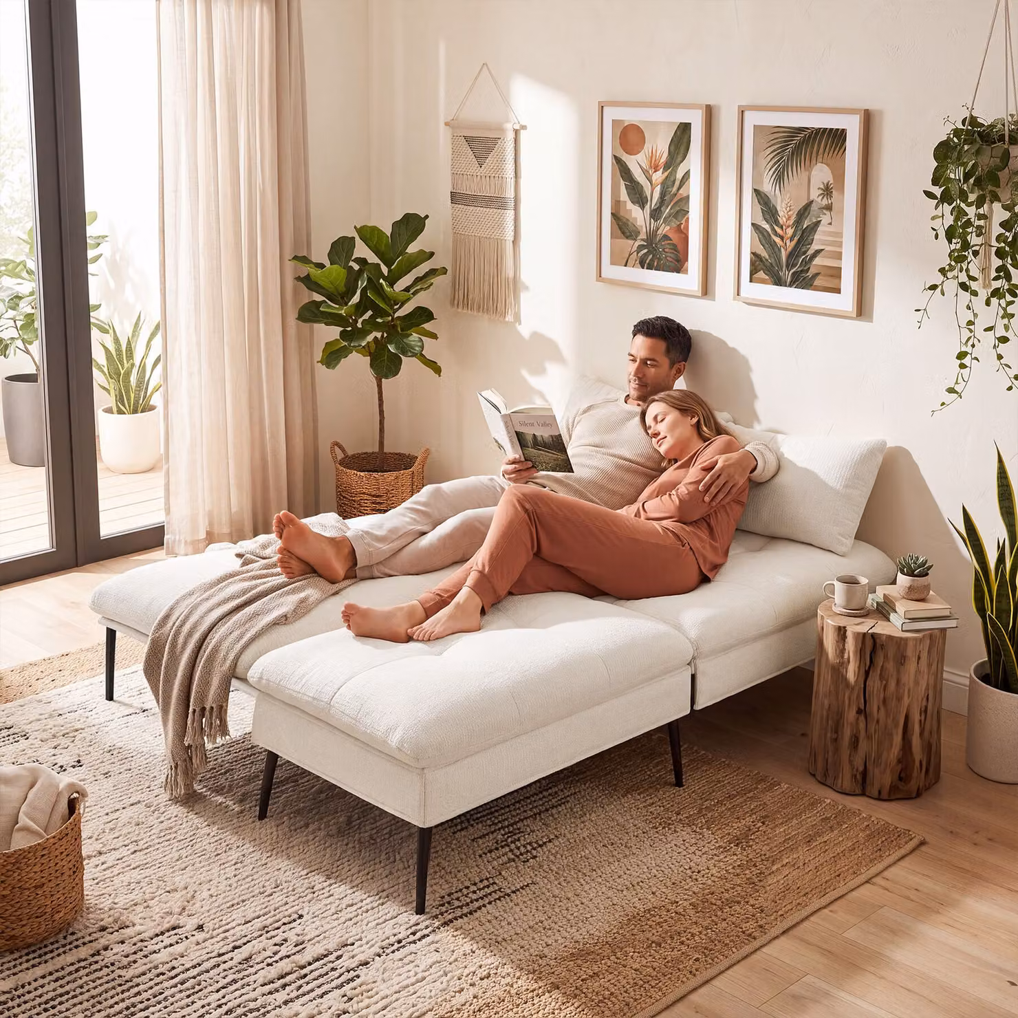 Divano letto Tokio Tectake 3in1 con schienale reclinabile e coperture rimovibili, colore bianco – 1