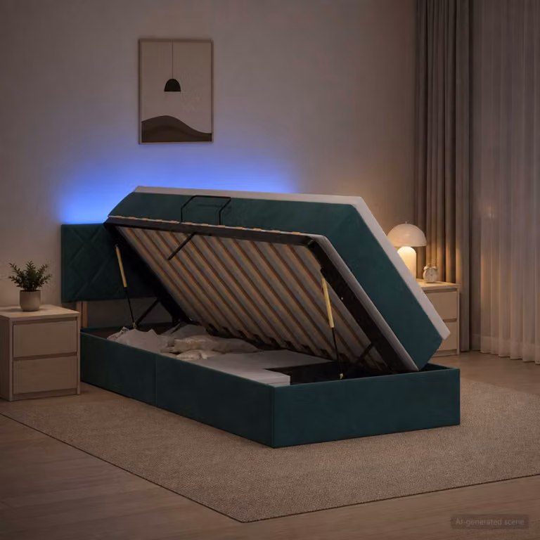 Letto con contenitore e materasso a molle vidaXL in velluto verde scuro con illuminazione LED L/P/H: 100 x 200 x 88 cm