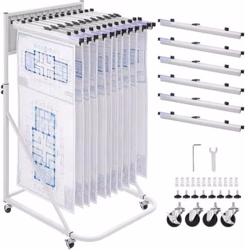 VEVOR Porta Progetti per Ufficio in Acciaio Bianco con 6 Morsetti in Alluminio e 4 Ruote, Regolabile da 1080 a 1560 mm per Documenti e Poster
