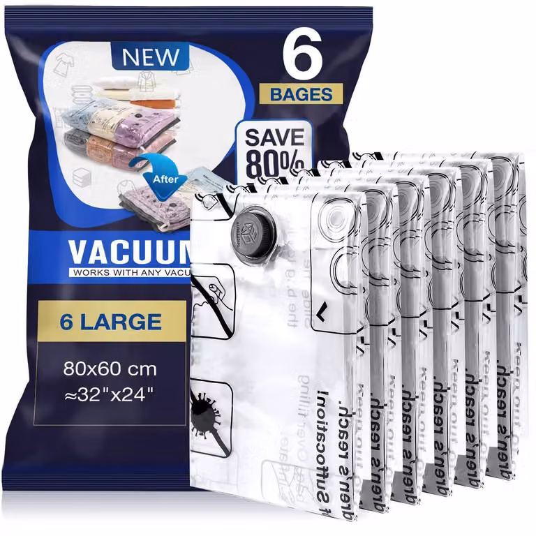 Set di 6 sacchetti sottovuoto per abbigliamento e piumoni, dimensioni 80x60 cm