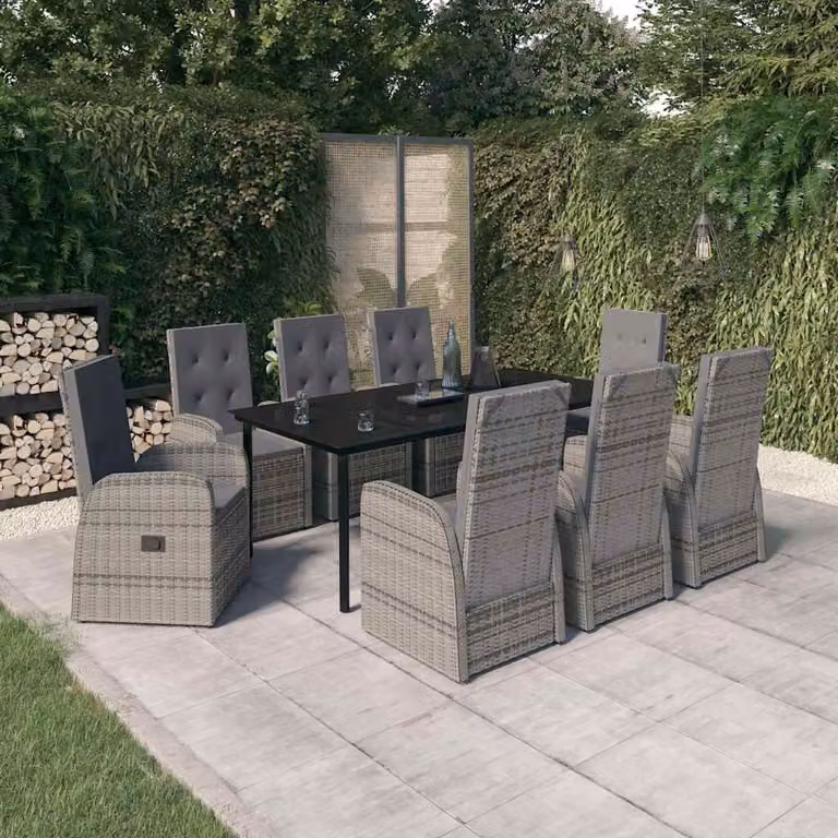Set da Pranzo da Giardino vidaXL in Polyrattan con Cuscini e Tavolo in Vetro, 9 Pezzi, Grigio e Nero