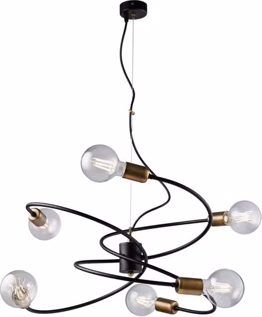 Lampada a sospensione industrial Vortex BELIGHT con 6 luci in metallo nero e ottone con vetro trasparente e altezza regolabile – 1