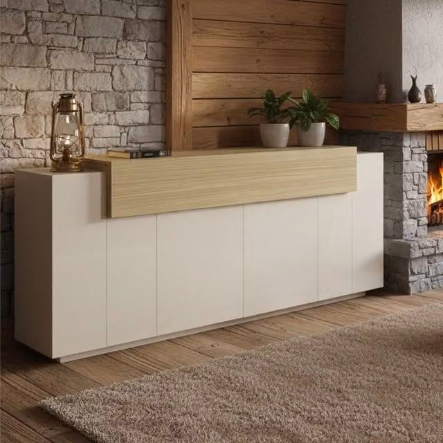 Madia Pulfero DMORA con 3 ripiani, Credenza moderna beige L 200 cm x P 45 cm x H 85,5 cm – 1