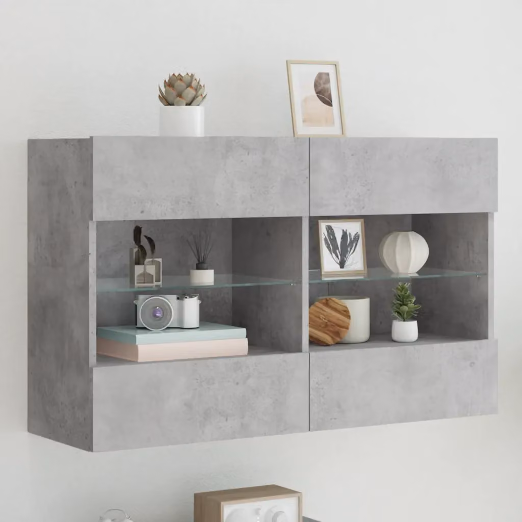 Mobile TV a parete vidaXL con luci LED integrate, Grigio Cemento, L: 98,5 cm, P: 30 cm, H: 60,5 cm