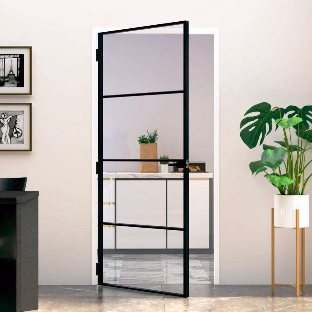 The Living Store porta interna nera 93x201,5 cm vetro temperato e alluminio slimline