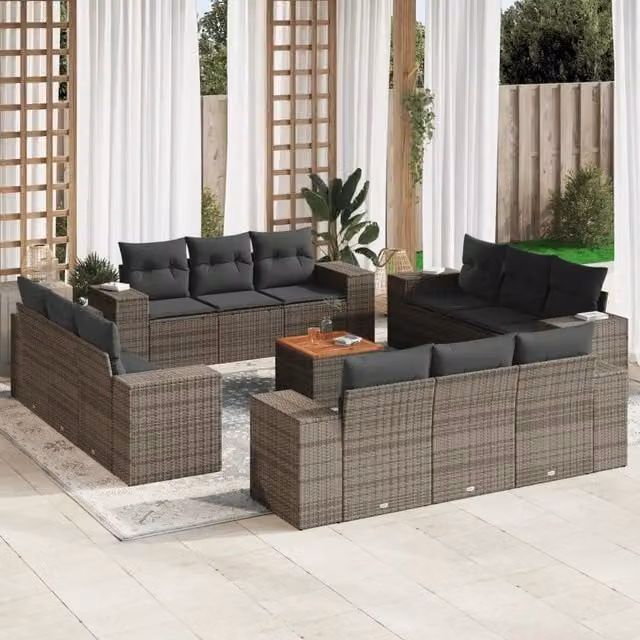 Set di Divani da Giardino VIDAXL a Forma di U in Polyrattan Grigio con 13 Pezzi e Cuscini – 1