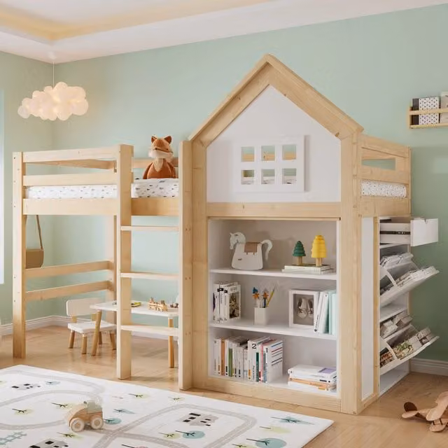 Letto a soppalco singolo per bambini in pino e MDF bianco naturale con scala e scomparti laterali L/P/H: 205 x 90 x 164,5 cm