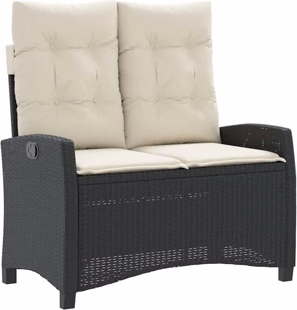 Panchina da Giardino Moderna in Polyrattan con Braccioli e Cuscini Bianchi e Neri DESIGN IN L/P/H: 110 x 66 x 93 cm – 1