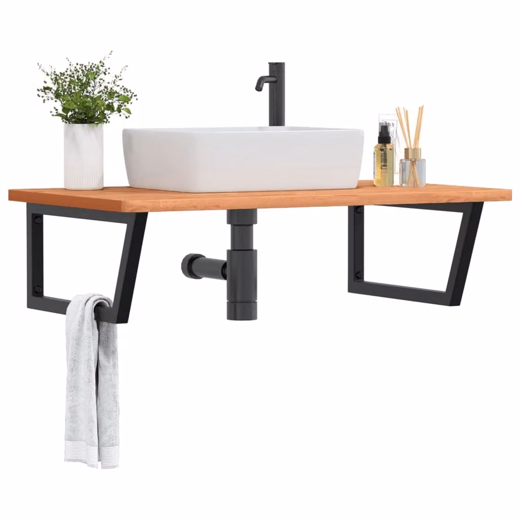 vidaXL Ripiano a Parete per Lavabo Moderno in Acciaio e Faggio Massello, Nero e Marrone