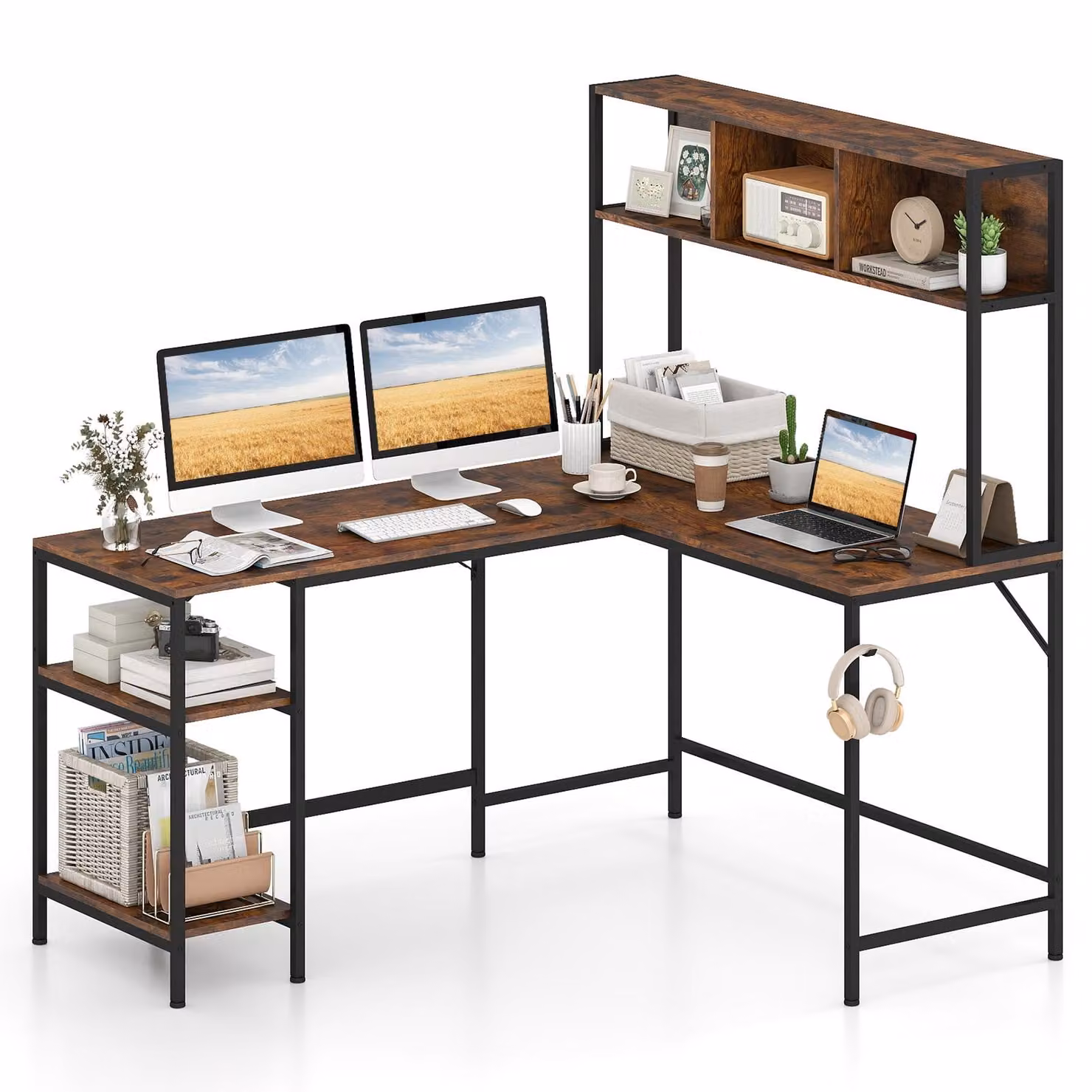 COSTWAY Scrivania, scrivania ad angolo con libreria, 2 ripiani e ganci per cuffie, 150x120cm scrivania da gioco in legno scrivania per computer, scrivania da lavoro, marrone