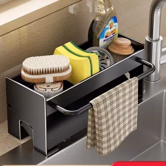 Ripiano da cucina nero, sistema di organizzazione del lavello rinforzato
