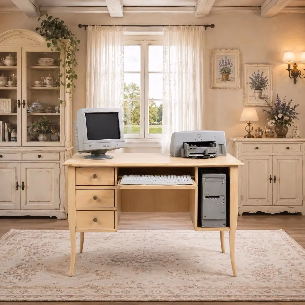 Scrivania in legno di pino Mobili 2G finitura avorio patinato L: 130 cm, P: 75 cm, H: 81 cm – 2