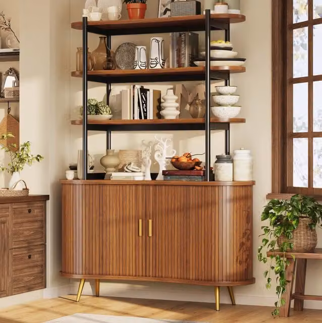 Credenza con ante scorrevoli e scaffale aperto 4 livelli 120x40x183 cm in MDF effetto legno