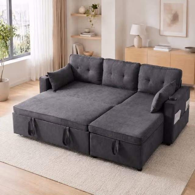 Divano letto angolare 3 posti 211x130x86 cm grigio con contenitore e chaise longue reversibile HOMVRA