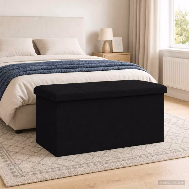Panchina di stoccaggio pieghevole vidaXL in tessuto nero con struttura in MDF per soggiorno e camera da letto