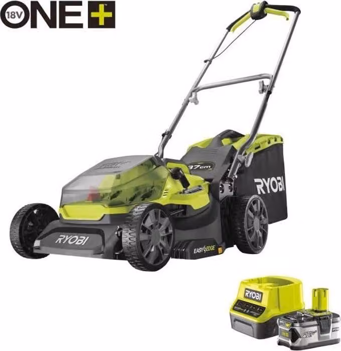 Tosaerba a spinta RYOBI 18V ONE+, larghezza di taglio 37 cm, raccolta e triturazione, batteria da 4,0 Ah, caricabatterie da 2,0 A, RY18LM37A-140