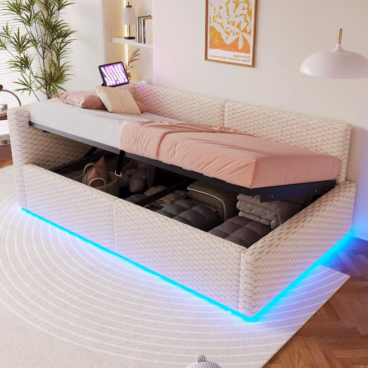 Letto imbottito 90x200 cm con illuminazione LED, 2 porte USB e una porta Type-C, spazio contenitore ad apertura idraulica e schienale a forma di L, rivestito in velluto, colore beige