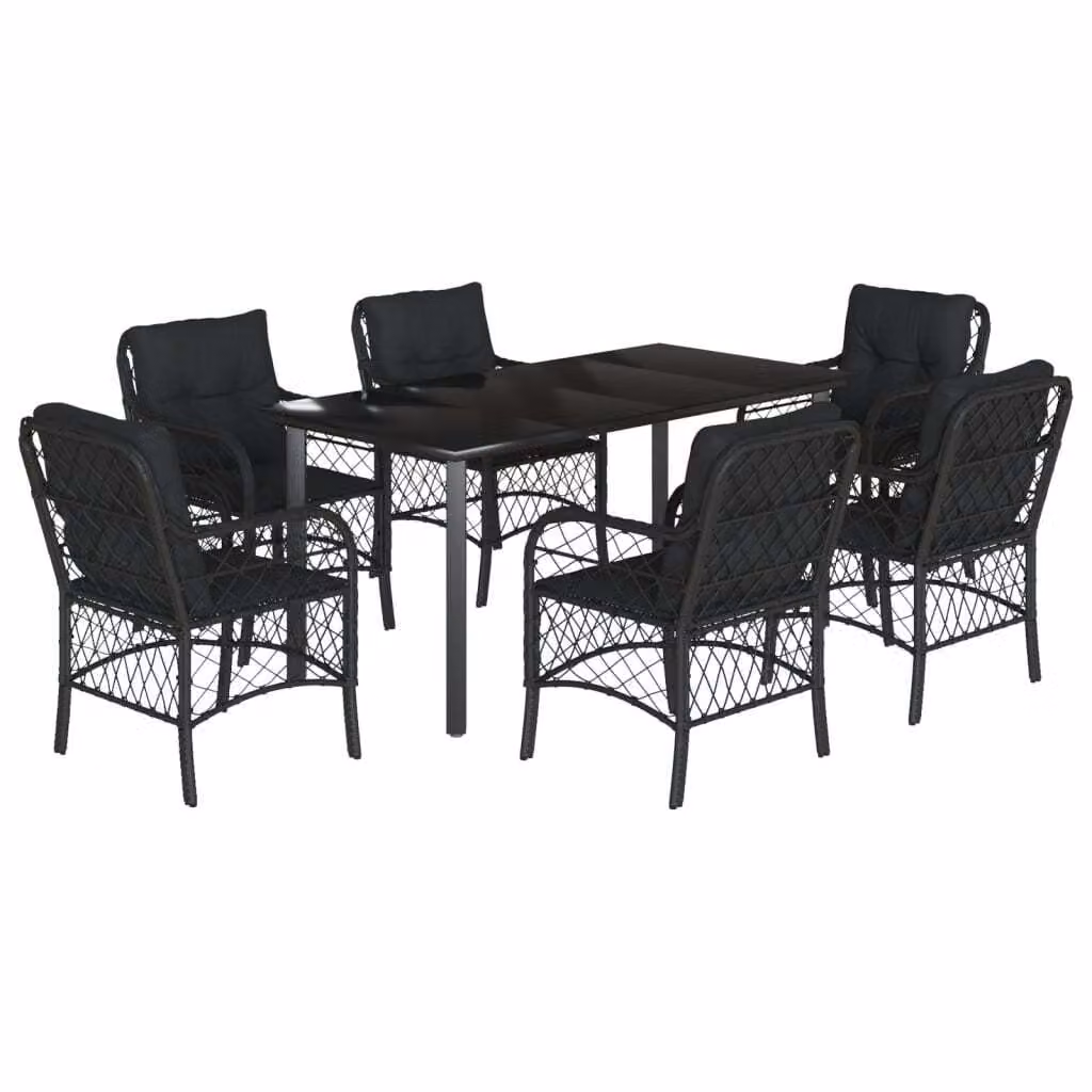 Set da Pranzo da Giardino 7 pz Nero con Cuscini in Polyrattan