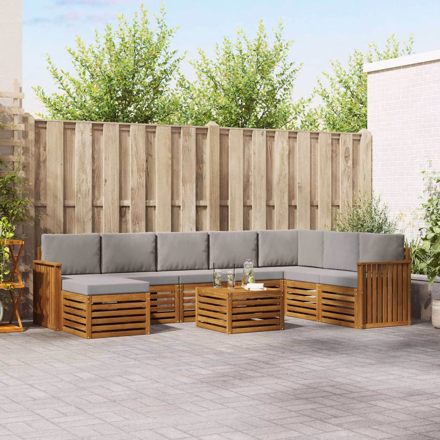 Set di divani da esterno vidaXL 9 pezzi a forma di L in legno di acacia con cuscini, colore grigio e marrone