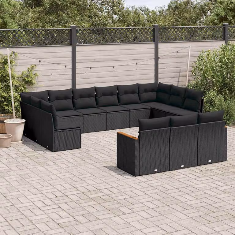 Set di divani da giardino a L vidaXL in polyrattan nero con cuscini inclusi