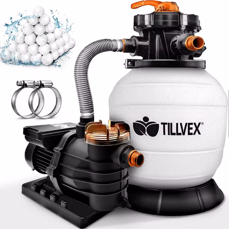 tillvex sistema di filtraggio a sabbia per piscina 10 m³/h incl. 800 g di sfere filtranti bianco/arancio | sistema di filtraggio valvola a 7 vie & adattatore 2in1 Ø32mm - 38mm | filtro per piscina con indicatore di pressione | filtro a sabbia per piscine